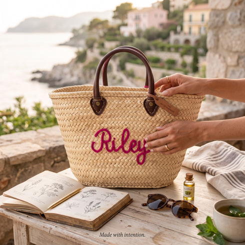 Handwoven Straw Tote Bag with Brown Leather Handles and Embroidery
