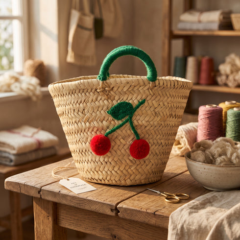 Cerises Straw Tote For Kids – Personalized Handmade Beach Bag & Custom Gift for Boys & Girls