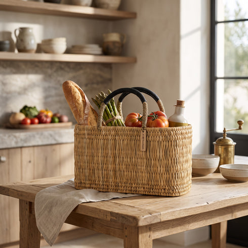 Handwoven Moroccan Straw Basket Bag with Leather Handles sustainable materials