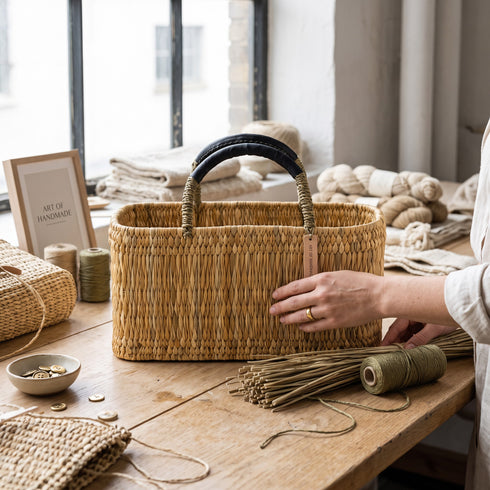 Handwoven Moroccan Straw Basket Bag with Leather Handles sustainable materials