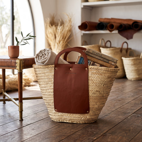 Handmade Moroccan Palm Straw Basket Bag with Genuine Brown Leather Handles