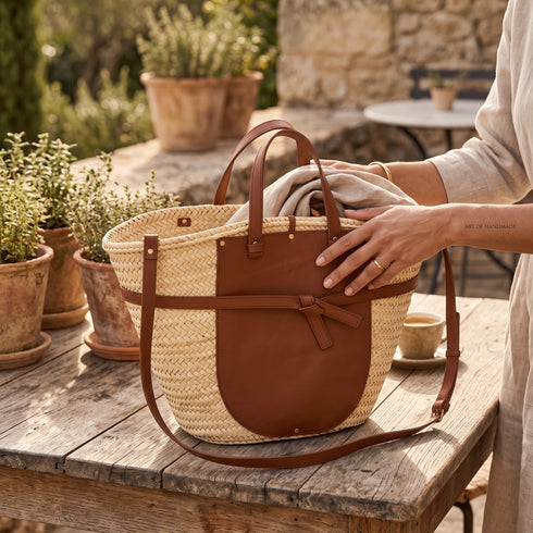 Handmade Moroccan Palm Straw Tote Bag with Genuine Brown Leather Handles