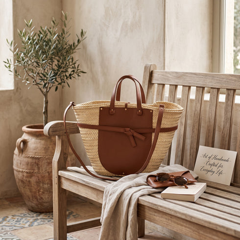 Handmade Moroccan Palm Straw Tote Bag with Genuine Brown Leather Handles