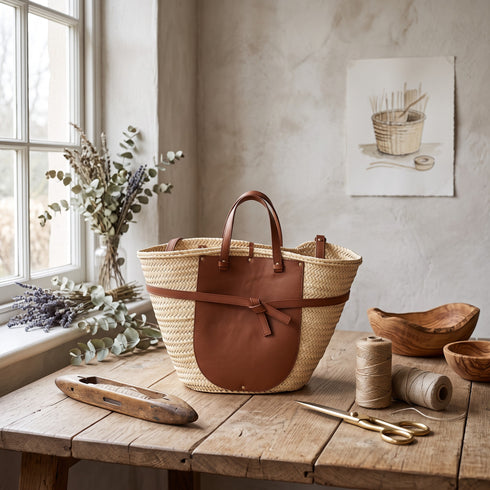 Handmade Moroccan Palm Straw Tote Bag with Genuine Brown Leather Handles