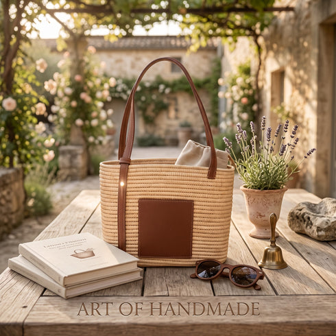 Handmade Moroccan Raffia Tote Bag with Genuine Leather Details – Minimalist Summer