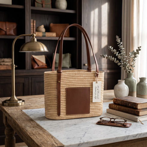 Handmade Moroccan Raffia Tote Bag with Genuine Leather Details – Minimalist Summer