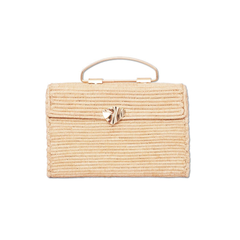 Handmade Moroccan Raffia Box Clutch with Gold Metal Handle & Brass Turn-Lock