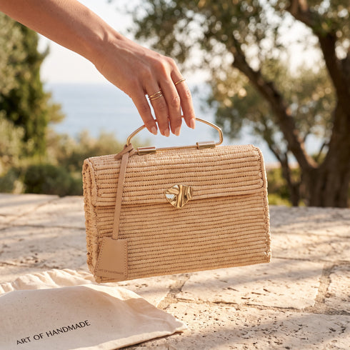 Handmade Moroccan Raffia Box Clutch with Gold Metal Handle & Brass Turn-Lock