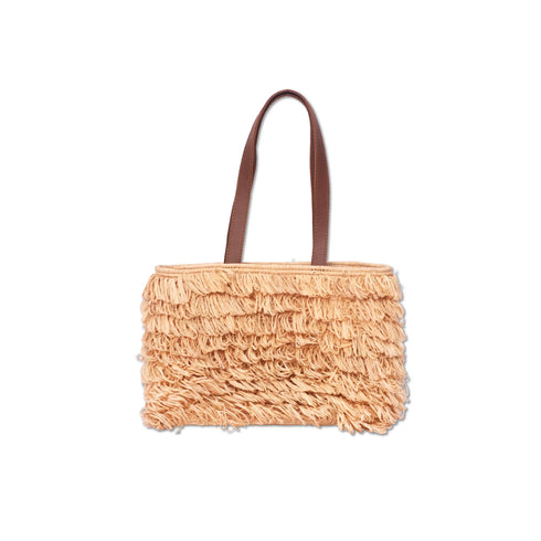 Handmade Moroccan Raffia Fringe Tote Bag with Genuine Leather Handles