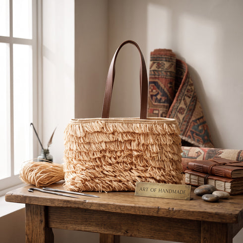 Handmade Moroccan Raffia Fringe Tote Bag with Genuine Leather Handles