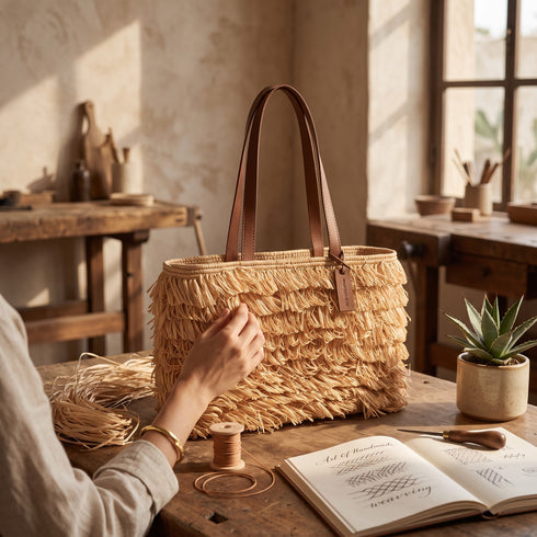 Handmade Moroccan Raffia Fringe Tote Bag with Genuine Leather Handles