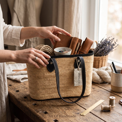 Handmade Moroccan Raffia Tote Bag with Black Genuine Leather Handles