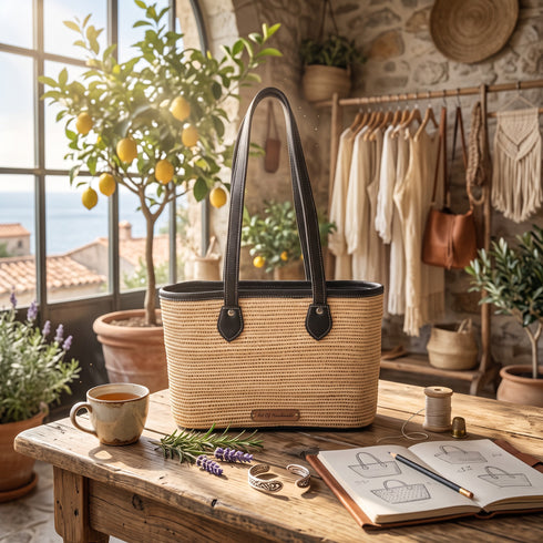 Handmade Moroccan Raffia Tote Bag with Black Genuine Leather Handles