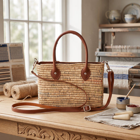 Handmade Moroccan Raffia Mini Tote Bag with Rounded Leather Handles