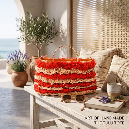 Handmade Moroccan Raffia Fringe Tote Bag with Gold Ring Handles