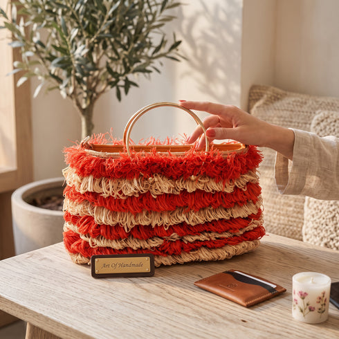 Handmade Moroccan Raffia Fringe Tote Bag with Gold Ring Handles