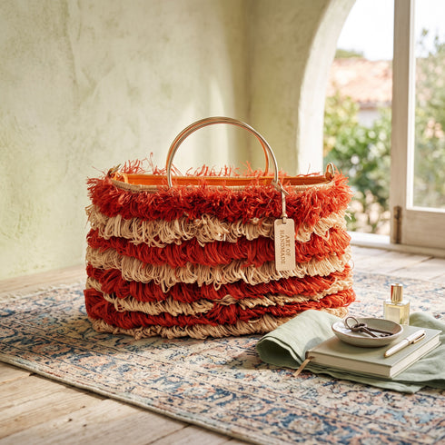 Handmade Moroccan Raffia Fringe Tote Bag with Gold Ring Handles
