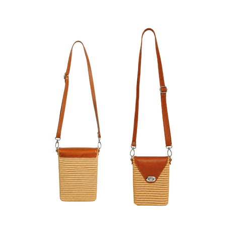 Handmade Natural Raffia Crossbody Bag with Genuine Leather Flap