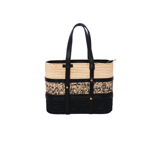 Handmade Black and Natural Raffia Tote Bag with Genuine Leather Handles