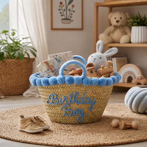 Handwoven Seagrass Basket with Blue Pom Poms and Handles