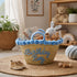 Handwoven Seagrass Basket with Blue Pom Poms and Handles