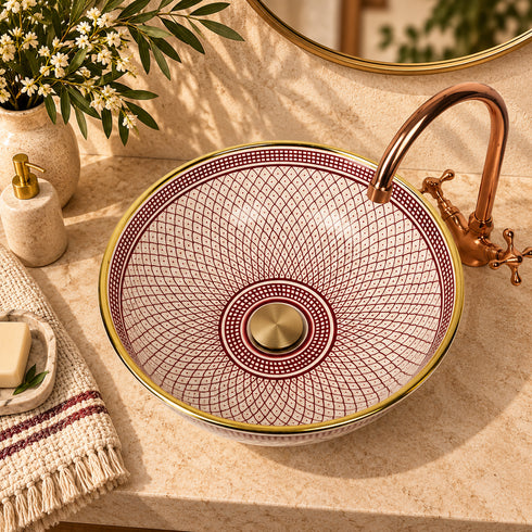 Rose Medina Ceramic Vessel Sink – Burgundy Lattice Basin with Gold Rim