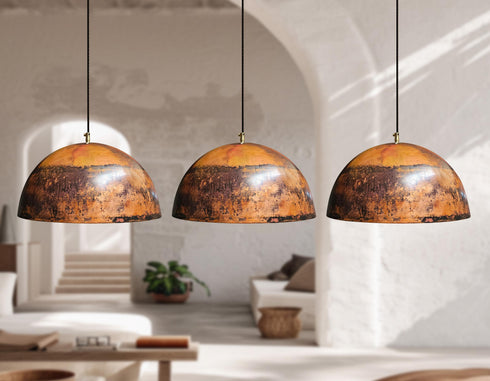 Illuminate your dining space with a beautiful Art of handmade rustic copper pendant set.