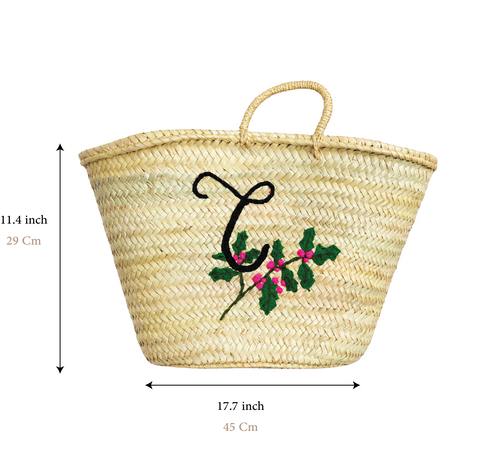 Handwoven Moroccan Straw Basket with Embroidered Flowers