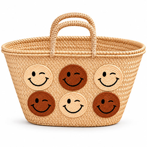 Moroccan Straw Basket Bag, Handmade Blue Smiley Face Tote, Woven Beach Bag, Summer Market Basket, Boho Gift