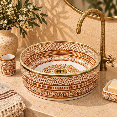 Sahara Weave Ceramic Vessel Sink – Terracotta & Cream Moroccan Basin