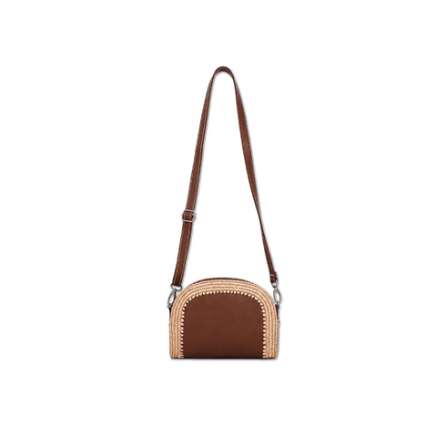 Semi-Circular Handmade Natural Raffia Shoulder Bag with Genuine Leather