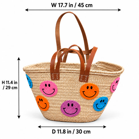 Smiley Face Straw Basket Bag, Handwoven Moroccan Beach Tote, Colorful Raffia Summer Bag, Leather Handle Market Basket