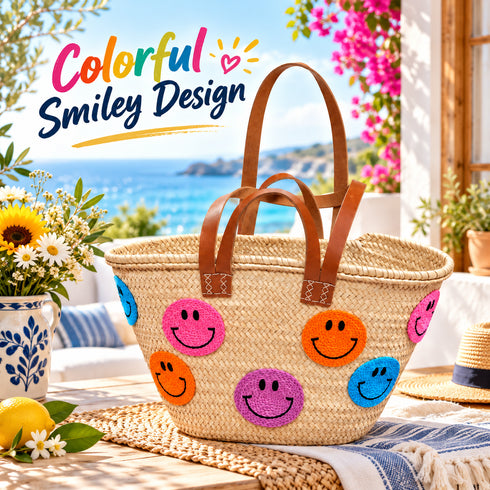 Smiley Face Straw Basket Bag, Handwoven Moroccan Beach Tote, Colorful Raffia Summer Bag, Leather Handle Market Basket
