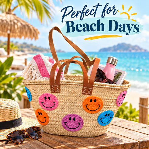 Smiley Face Straw Basket Bag, Handwoven Moroccan Beach Tote, Colorful Raffia Summer Bag, Leather Handle Market Basket