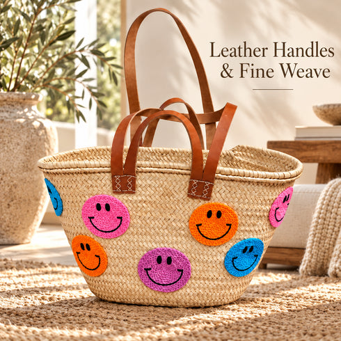 Smiley Face Straw Basket Bag, Handwoven Moroccan Beach Tote, Colorful Raffia Summer Bag, Leather Handle Market Basket