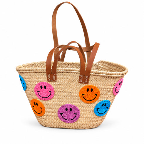 Smiley Face Straw Basket Bag, Handwoven Moroccan Beach Tote, Colorful Raffia Summer Bag, Leather Handle Market Basket