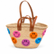 Smiley Face Straw Basket Bag, Handwoven Moroccan Beach Tote, Colorful Raffia Summer Bag, Leather Handle Market Basket