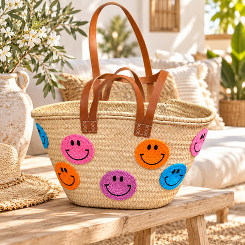 Smiley Face Straw Basket Bag, Handwoven Moroccan Beach Tote, Colorful Raffia Summer Bag, Leather Handle Market Basket