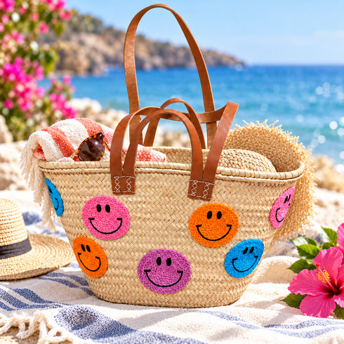 Smiley Face Straw Basket Bag, Handwoven Moroccan Beach Tote, Colorful Raffia Summer Bag, Leather Handle Market Basket