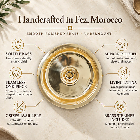 Smooth Polished Solid Brass Round Sink – Handcrafted Moroccan Undermount Basin