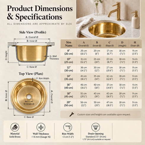Smooth Polished Solid Brass Round Sink – Handcrafted Moroccan Undermount Basin