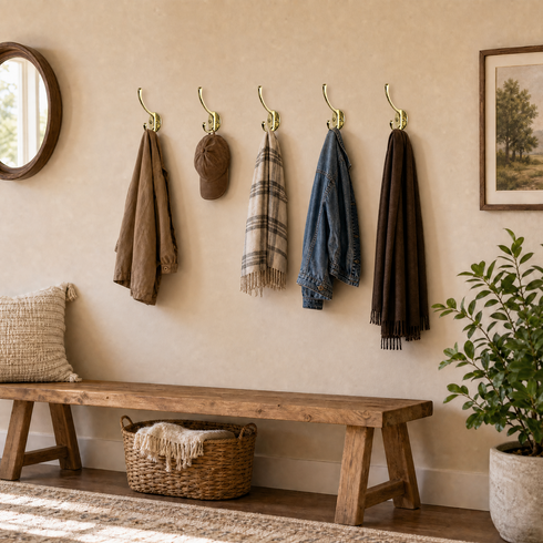 Solid Brass Double Wall Hook – Handmade Coat, Towel & Bag Hook