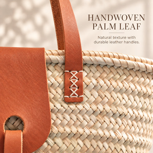 Straw Market Basket, Moroccan Handwoven Tote, Leather Handle Beach Bag