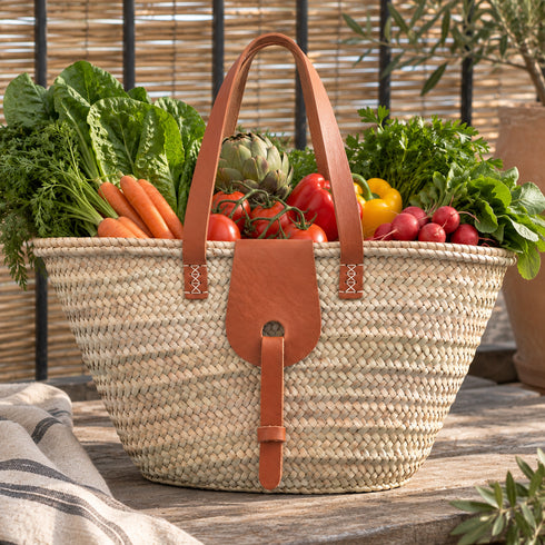 Straw Market Basket, Moroccan Handwoven Tote, Leather Handle Beach Bag