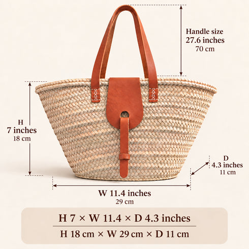 Straw Market Basket, Moroccan Handwoven Tote, Leather Handle Beach Bag
