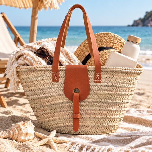 Straw Market Basket, Moroccan Handwoven Tote, Leather Handle Beach Bag