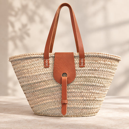 Straw Market Basket, Moroccan Handwoven Tote, Leather Handle Beach Bag