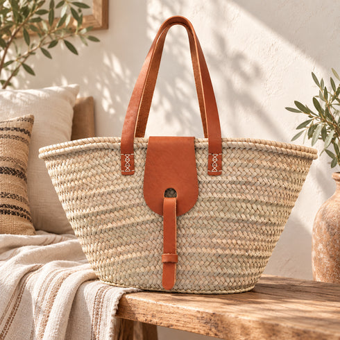 Straw Market Basket, Moroccan Handwoven Tote, Leather Handle Beach Bag