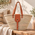 Straw Market Basket, Moroccan Handwoven Tote, Leather Handle Beach Bag