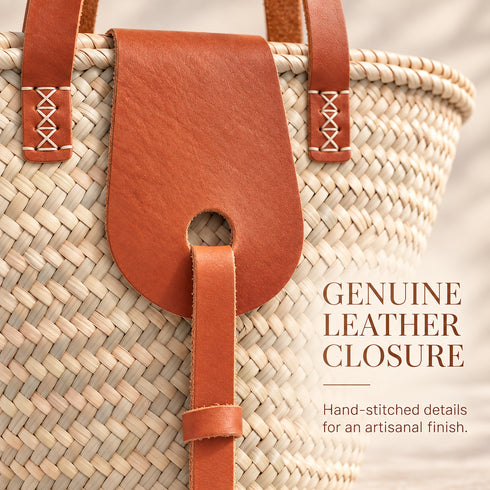 Straw Market Basket, Moroccan Handwoven Tote, Leather Handle Beach Bag